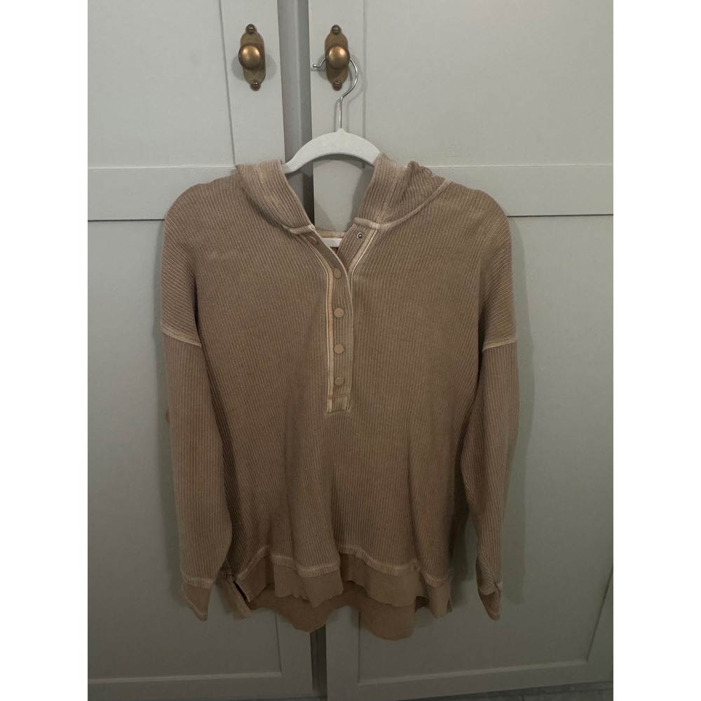 Aerie Tan Corded Waffle Knit Henley Hoodie Oversized Pullover Medium